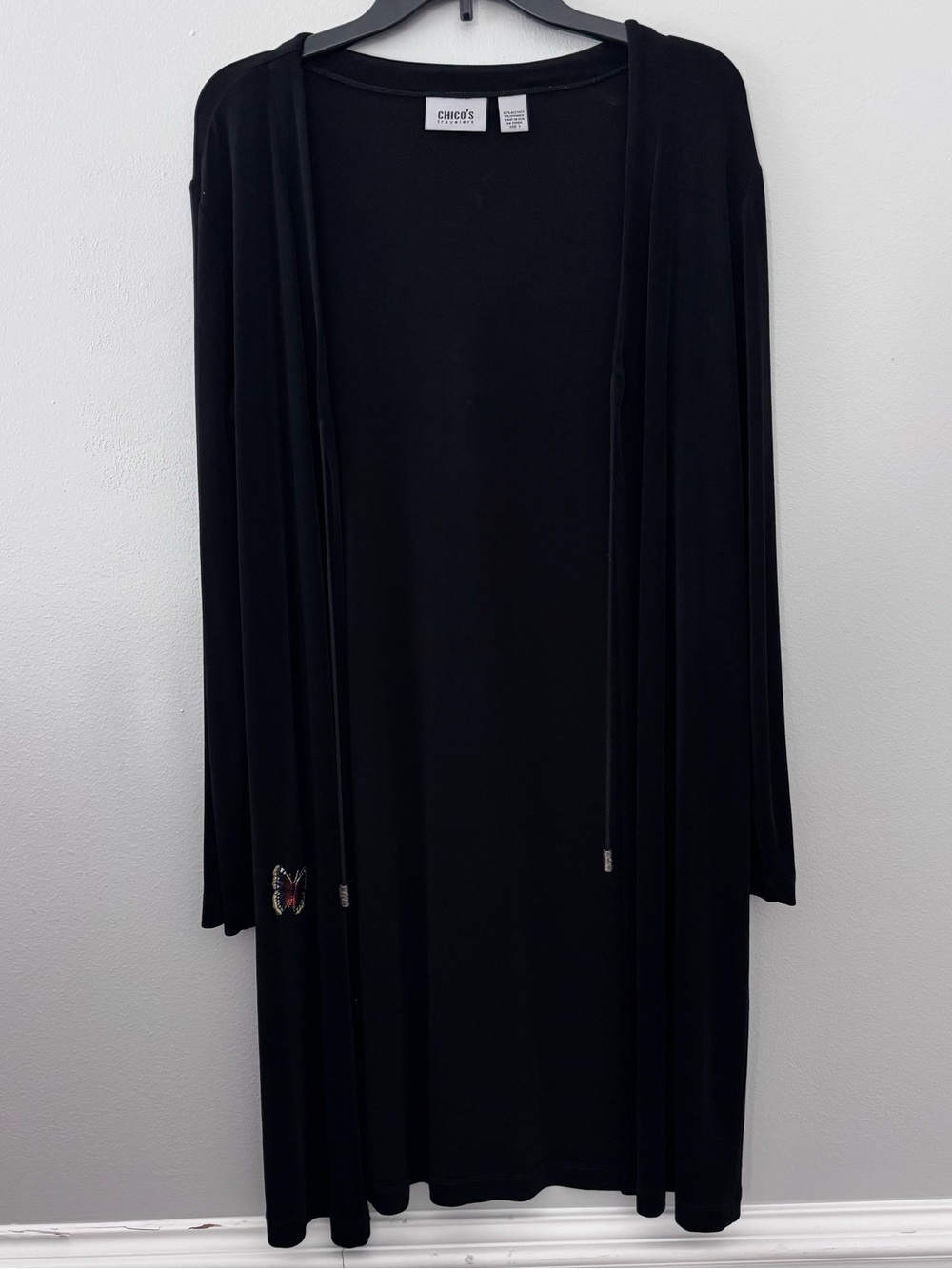 Chico’s Travelers Black Hooded Duster Cardigan Size 1 M Butterfly Embellished